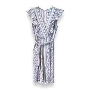 NEW Violet Weekend Belted Linen Wrap Dress White Lavender Stripe Women L